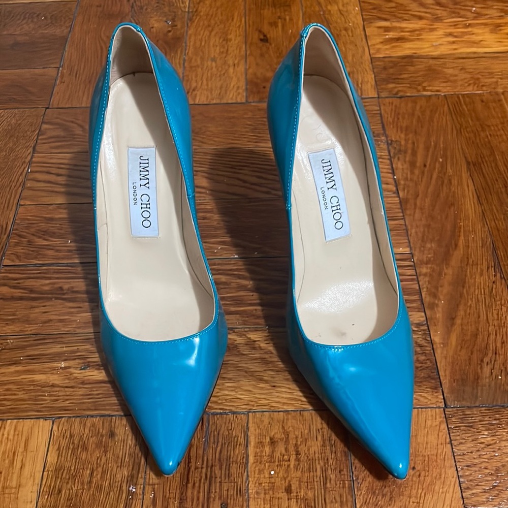 Blue jimmy choo stilettos. Gorgeous aqua color! Shiny leather!